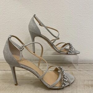 Badgley Mischka Jewel Heels 9.5 Silver Rhinestone Strappy Bridal Wedding Formal